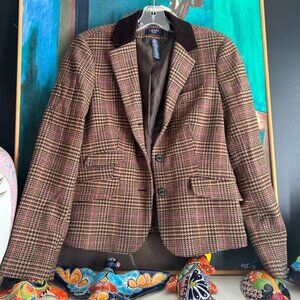 Chaps Women's Wool Blend Jacket 10P Brown Houndstooth Equestrian Riding Blazer